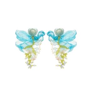 Elegant blue floral fabric fringe earrings with heart detail and crystal beaded tassels