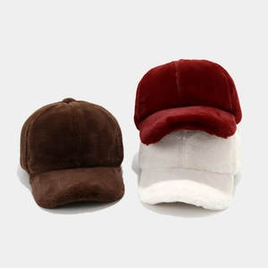 Winter soft plush short brim baseball caps in brown, red and white colors for women