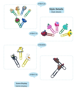 Detailed macro view of colorful cartoon silicone character bookmarks and metal paperclips