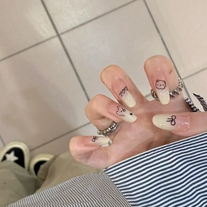 Ombre Press On Nails Long Tapered False Nails Cartoon Dog Bowknot Pattern Cute Sweet For Women Girl Nail Art Decoration