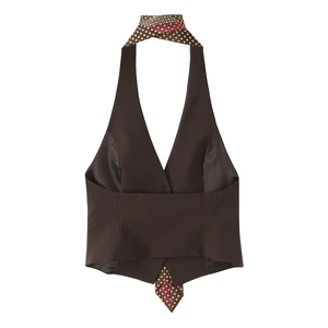 Brown halter vest top with red and white checkered tie detail and pointed hem style