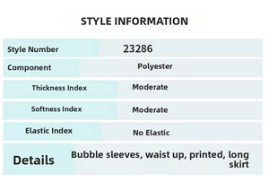 Größentabelle für elegantes schulterfreies Blumenkleid aus Polyester-Stoffdetails