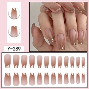 Gradient nude and rose gold french coffin press on nails set with metallic diagonal edge