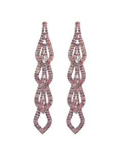 Detailed macro view of four-tier rose pink rhinestone long tassel dangle earrings