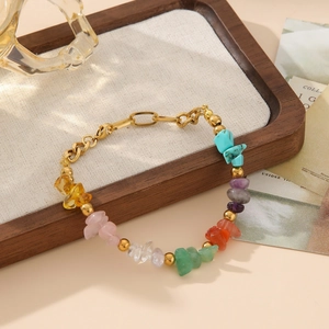 Irregular colorful gravel stainless steel beaded bracelet with gold accents for women