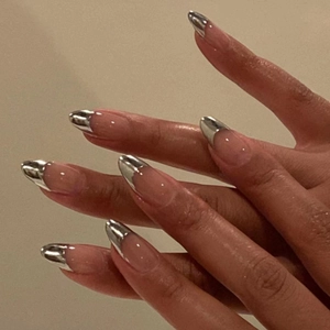 French Almond Press On Nails Nude Pink With Silver Metallic Chrome Mirror Tips Glossy Full Cover False Nails