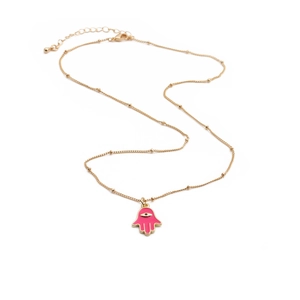 Detailed view of pink enamel Hamsa Hand necklace with evil eye and adjustable gold bead chain