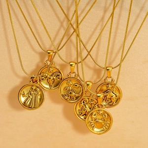 Retro 18K Vergoldete 304 Edelstahl Rundmünze Doppelseitige Sternzeichen Anhänger Halskette Mit Schlangenkette Für Damen