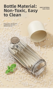 Detail of baby-grade pet water bottle showing non-toxic material and detachable parts