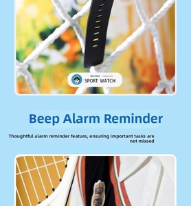 Detail of sports watch strap and case featuring digital alarm and chime function display