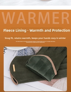 Detailansicht der Damen-Wildlederhandschuhe mit Plüschfutter und Metalldekor