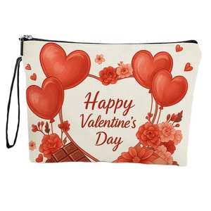 Canvas Valentine's Day makeup bag with heart and chocolate prints and black wristlet strap