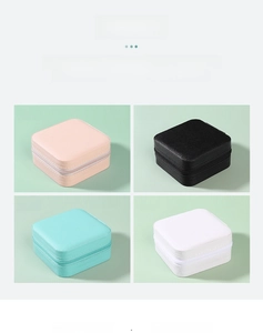Square PU leather jewelry organizer boxes in four pastel colors with zipper closure