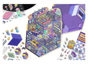 Flat lay of retro disco themed large DIY deco stickers with instruments and bar elements