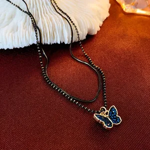 Butterfly Pendant Necklace Double Layer Alloy Rhinestone Enamel Vintage Style Clavicle Chain For Women Jewelry