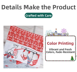 Detailed macro view of the vivid Christmas gnome print on linen-textured table runner