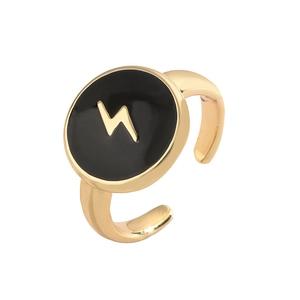 Adjustable gold plated lightning bolt ring with black enamel finish in hip-hop style