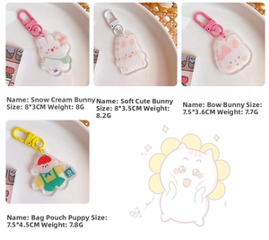 Detail showing acrylic cute animal keychains in four styles with precise size dimensions