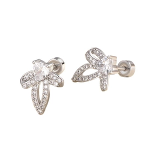 Silver bowknot titanium steel stud earrings with heart-shaped zircon on white background