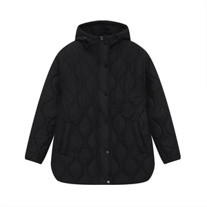 Women's black quilted hooded jacket with wave-patterned stitching and snap buttons