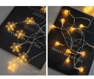 Detail of warm white snowflake and crackle ball LED string lights on book background