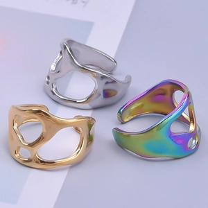 Minimalist geometric hollow open rings in gold, silver, and rainbow stainless steel