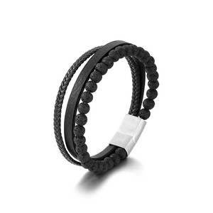 Men's multi-layer black lava stone and braided leather bracelet with silver magnetic clasp
