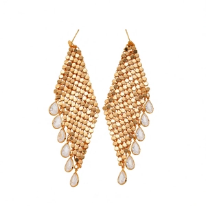Boucles d'oreilles pendantes dorées 18K avec maille métallique et cristaux en goutte
