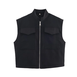 Women Stand Collar Zip Up Vest Polyester Solid Black Casual Utility Sleeveless Jacket With Flap Pockets Chic Outerwear