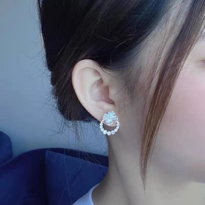Sparkling S925 silver flower bud earrings with shell petals and inlaid crystal diamonds