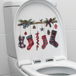 Christmas Toilet Lid Sticker Waterproof PVC Removable Stocking Pine Cone Decals For Bathroom Home Festive Decor