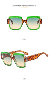 Front and side views of square two-tone sunglasses with green and leopard frames