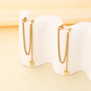 Elegant 18K gold plated stainless steel long tassel earrings with heart drop charms