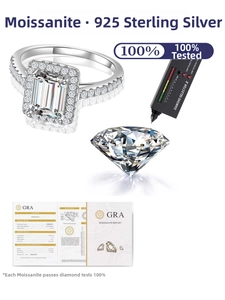 Detail of emerald cut moissanite ring with S925 silver band, GRA certificate and tester