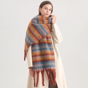 Close-up of thick striped cashmere-like scarf with warm long tassels and fringe detail