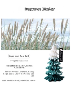 Detailed aromatic profile of sage and sea salt scented Christmas tree candle with notes