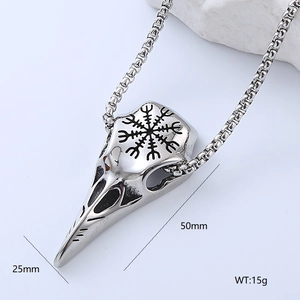 Detail of gothic raven skull necklace with Viking Vegvisir symbol and size annotations