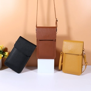 Minimalist touchscreen mini phone crossbody bag with litchi texture in brown, black, and yellow