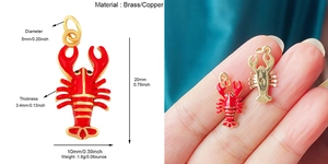 Dimensions détaillées du pendentif homard en laiton avec pierres zircon rouges
