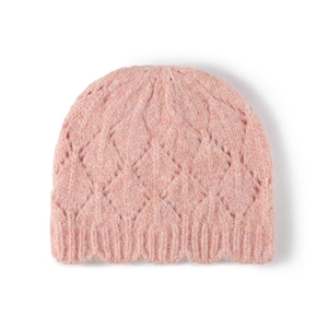 Pink thick knit beanie for women with diamond texture and ribbed cuff for winter