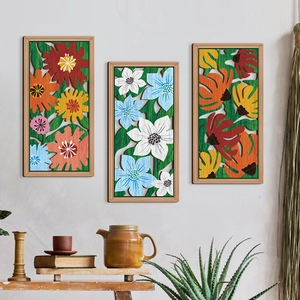 Set of 3 floral geometric wooden wall art panels in bohemian style for living room