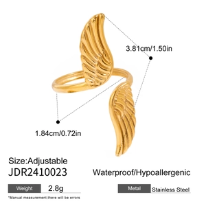 Detailed view of golden peace wings open ring with dimensions and material specifications