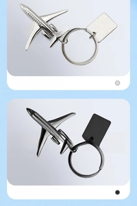 Detailed view of silver and black airplane keychains with sleek rectangular tags