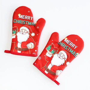 Christmas Oven Mitts And Pot Holder Set Heat Resistant Canvas Kitchen Baking Gloves With Santa Claus Print Festive Holiday Decor