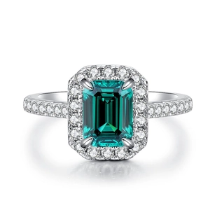 S925 Sterling Silver Ring featuring emerald cut green zircon with sparkling diamond accents