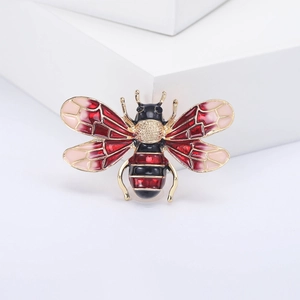 Exquisite gold-plated honey bee brooch with colorful enamel wings and sparkling rhinestones