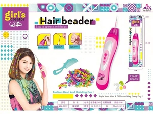 DIY hair beader set for girls featuring pink braiding tool and colorful plastic beads
