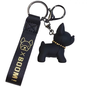 French Bulldog resin keychain with black textured leather strap and gold BOOM lettering