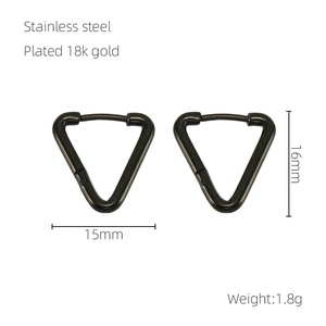 Detailed specs for black triangle stainless steel earrings: 15mm by 16mm, weighing 1.8g