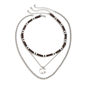 Three-layer men's necklace with brown coconut wood beads and silver round disc pendant